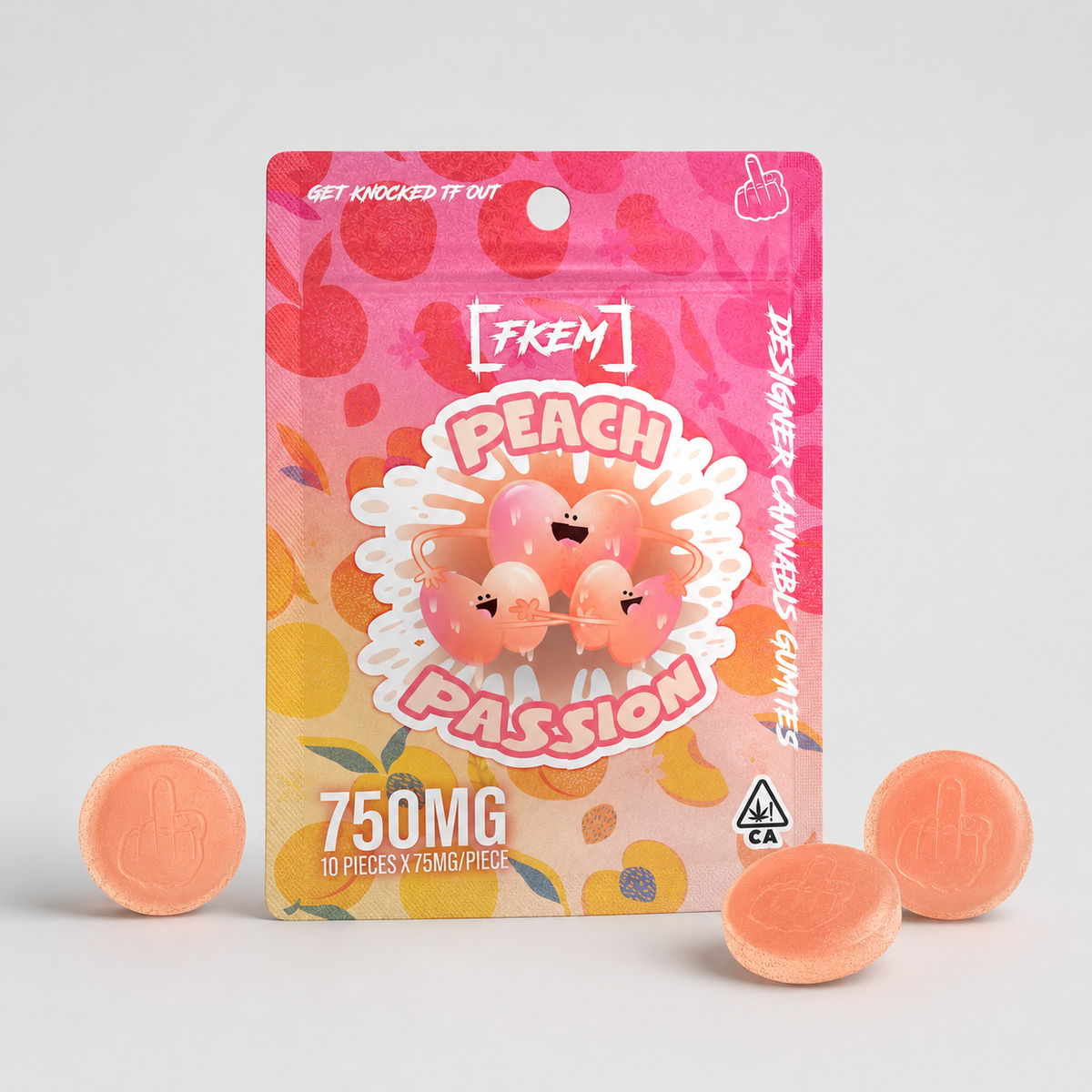 FKEM Peach Passion gummies, 750mg pack, 10 pieces