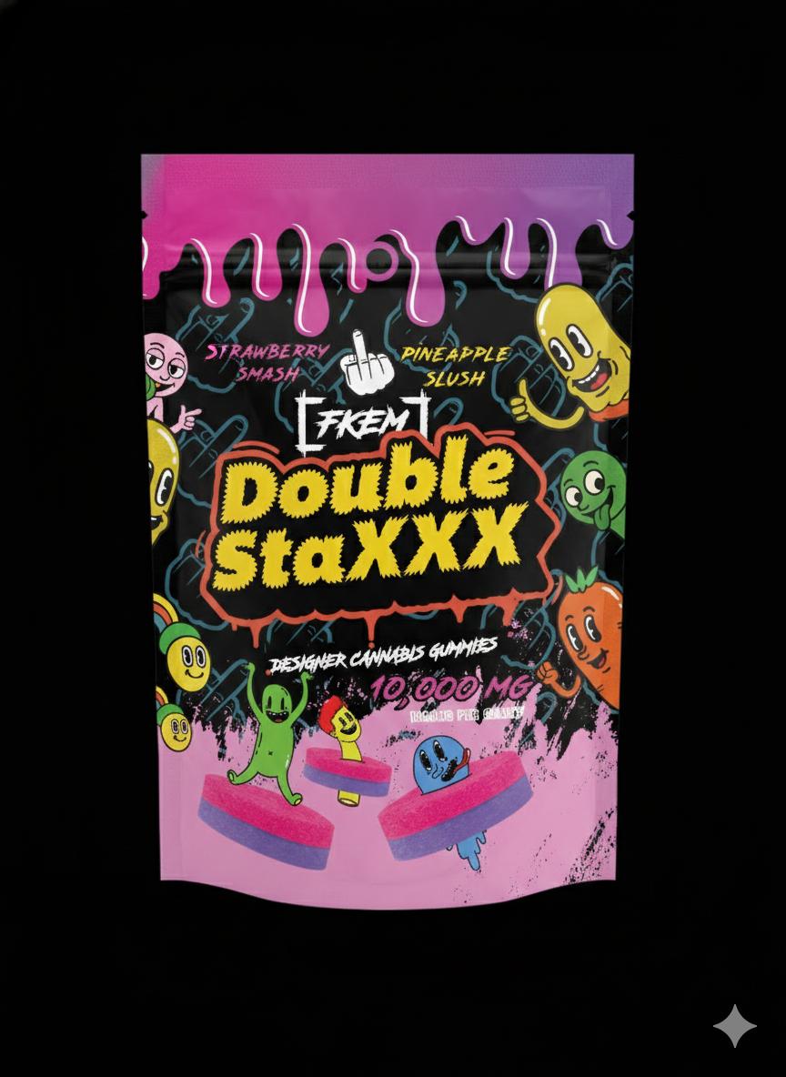 FK / Gummy 10000 mg / DOUBLE STAXX / Strawberry Smash / Purple Grape Drank / Indica / pk 1 / $120 ea