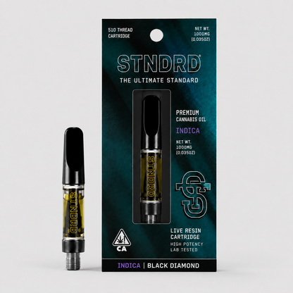 STNDRD Black Diamond 1g live resin cartridge, Indica, 510 thread, 1000mg