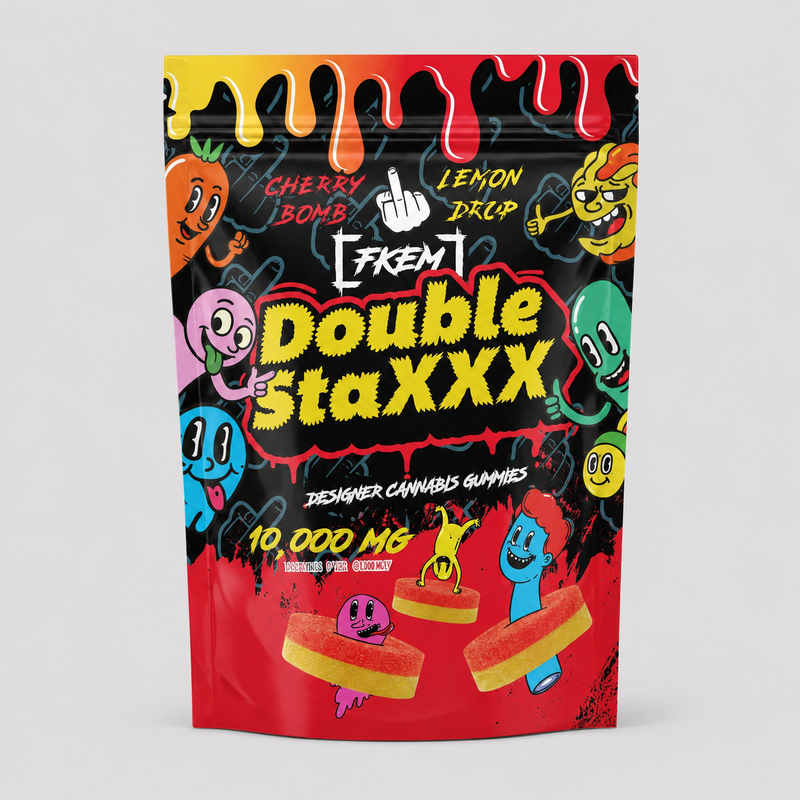 FKEM Double StaXXX 10000mg cannabis gummies, Cherry Bomb and Lemon Drop, 1000mg per gummy