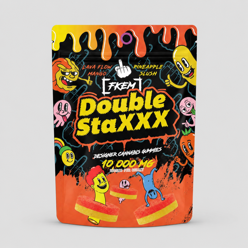 FKEM Double StaXXX 10000mg cannabis gummies, Lava Flow Mango and Pineapple Slush, 1000mg per gummy