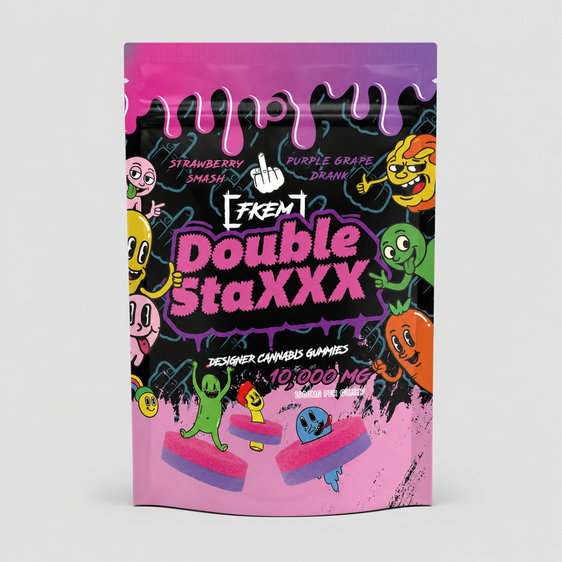 FKEM Double StaXXX 10000mg cannabis gummies, Strawberry Smash and Purple Grape Drank, 1000mg per gummy