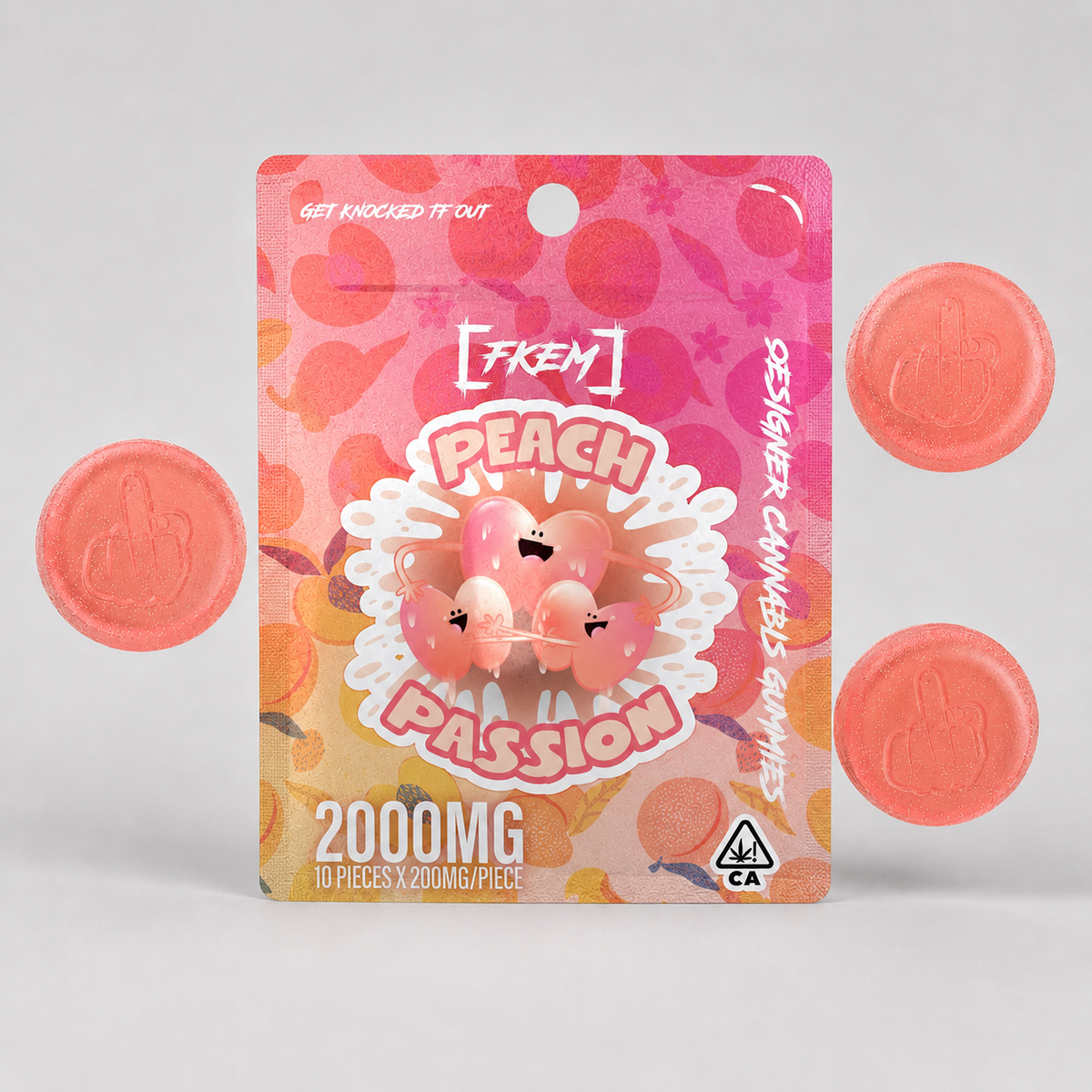 FKEM Peach Passion gummies, 2000mg pack, 10 pieces