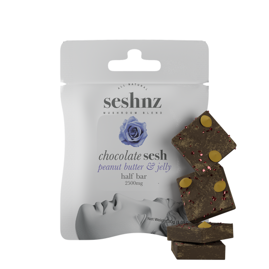 seshnz chocolate half bar | 2500 mg | peanut butter & jelly | pk 15 | $10 ea.